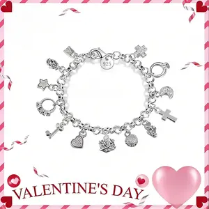 Valentine’s Day Elegant 925 Sterling Silvery Heart Key Pendant Bracelet, Women's Bracelet, 13 Small Pendants, Bohemian Style, Shiny and Exquisite Silvery, Women's Fashion Jewelry Accessories, Suitable for Wife, Girlfriend, Fashion Gift, Birthday Gift