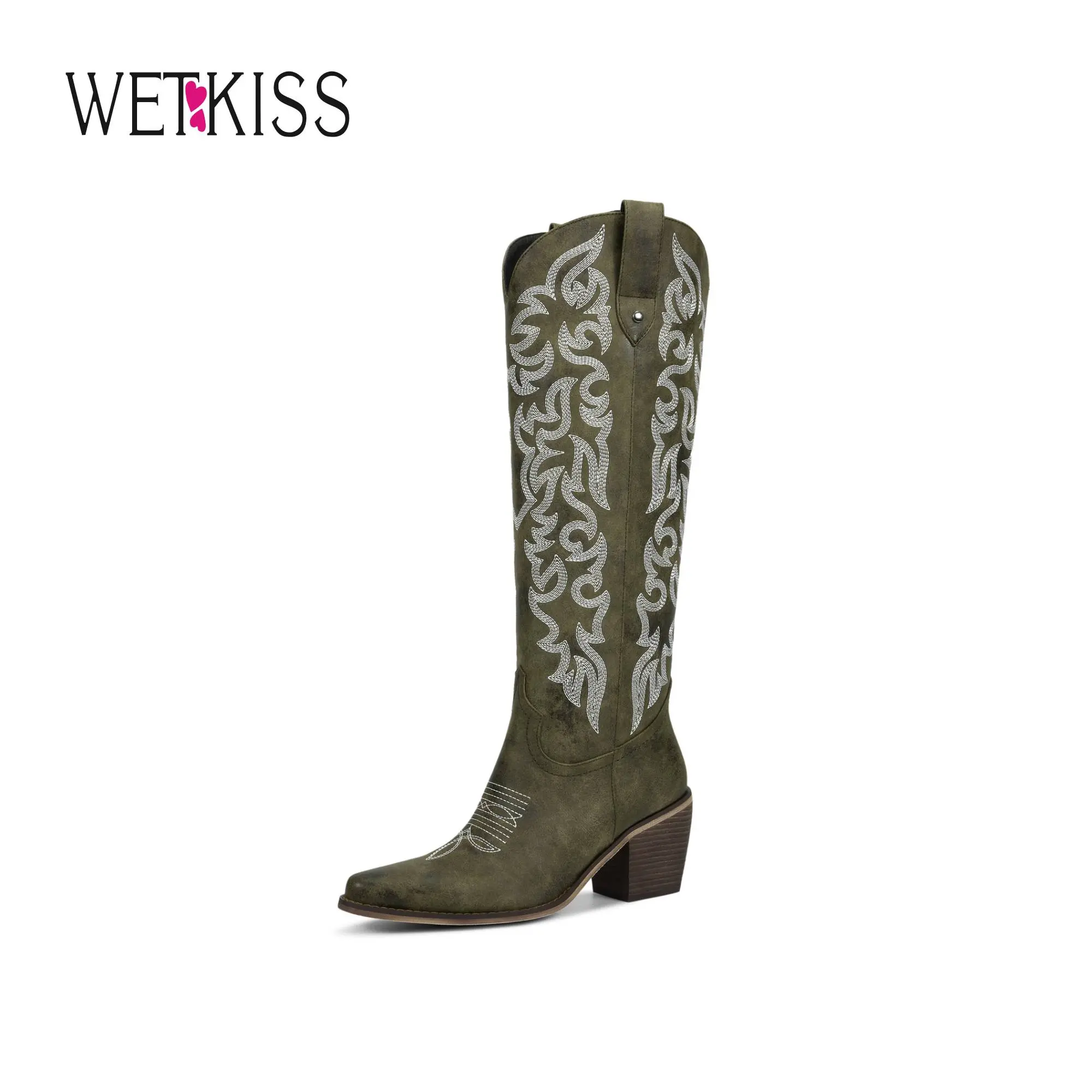 Wetkiss Women's Knee High Cowboy Boots - Western Cowgirl Boots with Embroidered Pointed Toe, PU Leather, Chunky Heel, Pull On Tall Boots, Women Shoes #WeeklyDeals#tiktokshopbacktoschool #tiktokshopsummersale