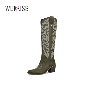 Wetkiss Women's Knee High Cowboy Boots - Western Cowgirl Boots with Embroidered Pointed Toe, PU Leather, Chunky Heel, Pull On Tall Boots, Women Shoes #Summervibes #TikTokShopStockUp