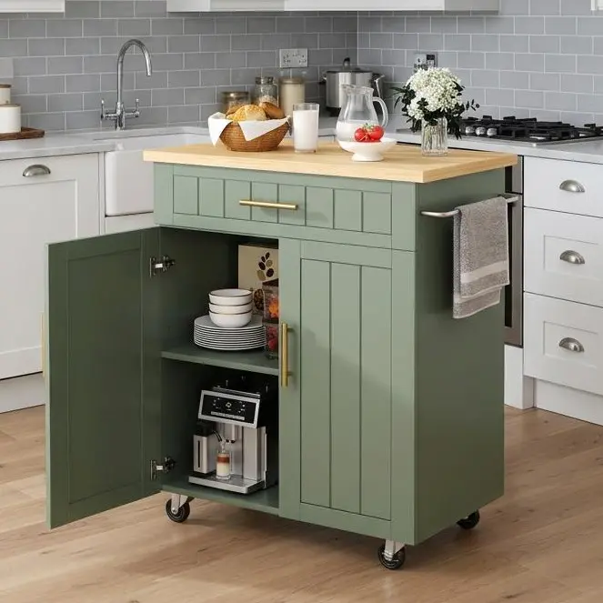 Walsunny 26" Mobile Kitchen Island Cart with Storage Cabinet, Power Outlet, Spice Rack, Towel Bar, Adjustable Shelf, Drawer, Rolling Utility Cart for Home Dining Living Room Organization, White