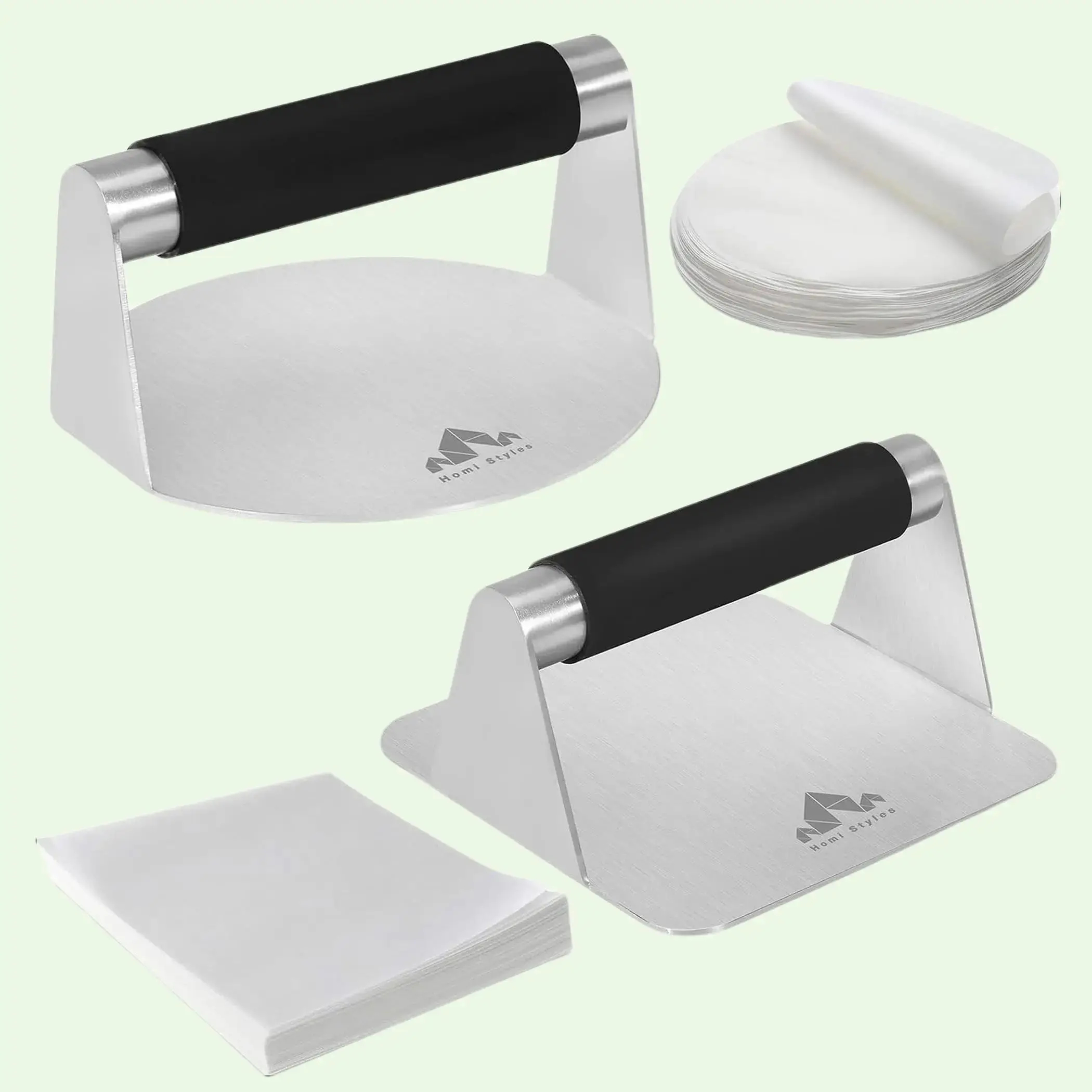 Homi Styles Round Burger Press Set - 5.5-Inch Diameter Round & Square Metal Meat Smasher, Induction & Grill Safe, Non-Stick Stainless Steel with Silicone Handles, 100pcs Parchment Papers, Heat Resistant Durable Kitchen Utensil, Hamburger Maker