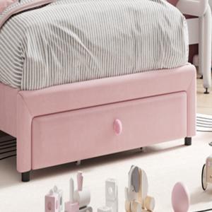 Twin Size Upholstered Princess Bed Frame with LED Lights & Storage Drawer, Pink Faux Leather Platform Bed  , Crystal Tufted Headboard, No Box Spring Needed, Heavy Duty Support