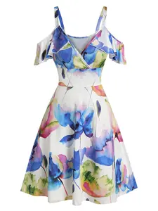 Rgothic Women's Floral Printed Cold-Shoulder High-Waist A-Line Midi Dress, Flutter Sleeves, V-Neck, Polyester-Polyurethane, Casual Wear for Spring & Autumn Occasions