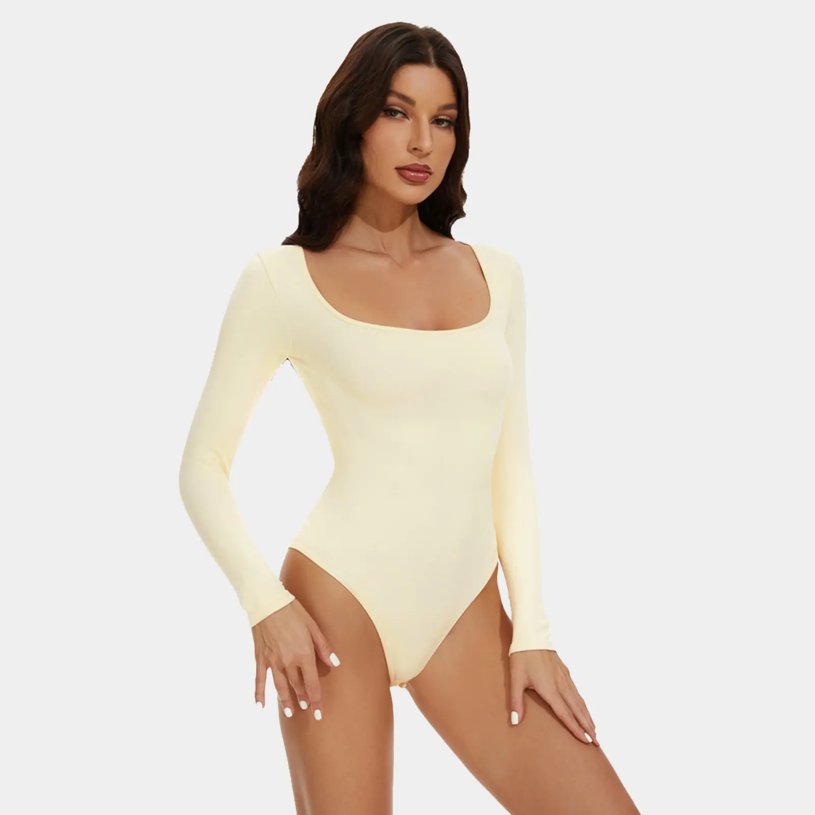 GQF Women's Essential Bodysuit, Square Neck Bodysuit Long Sleeve Shapewear Tops - Slim Fit Tummy 2-Button Control for Daily Wear
