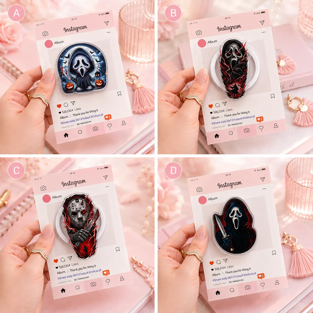Horror Movie Phone Grip & Stand - Spooky Ghostface & Jason Acrylic Griptok, Aesthetic Instagram Packaging Phone Accessory