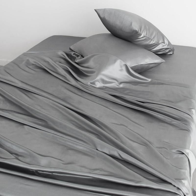 Cooling Satin 24" Deep Pocket 4PCs Sheet Set for Air Mattress Thick Mattress Topper, Luxurious Silky Soft Bedding Set (1 Fitted Sheet + 1 Flat Sheet + 2 Pillowcases), Solid Grey, Bedroom Accessories #TiktokshopStockUp