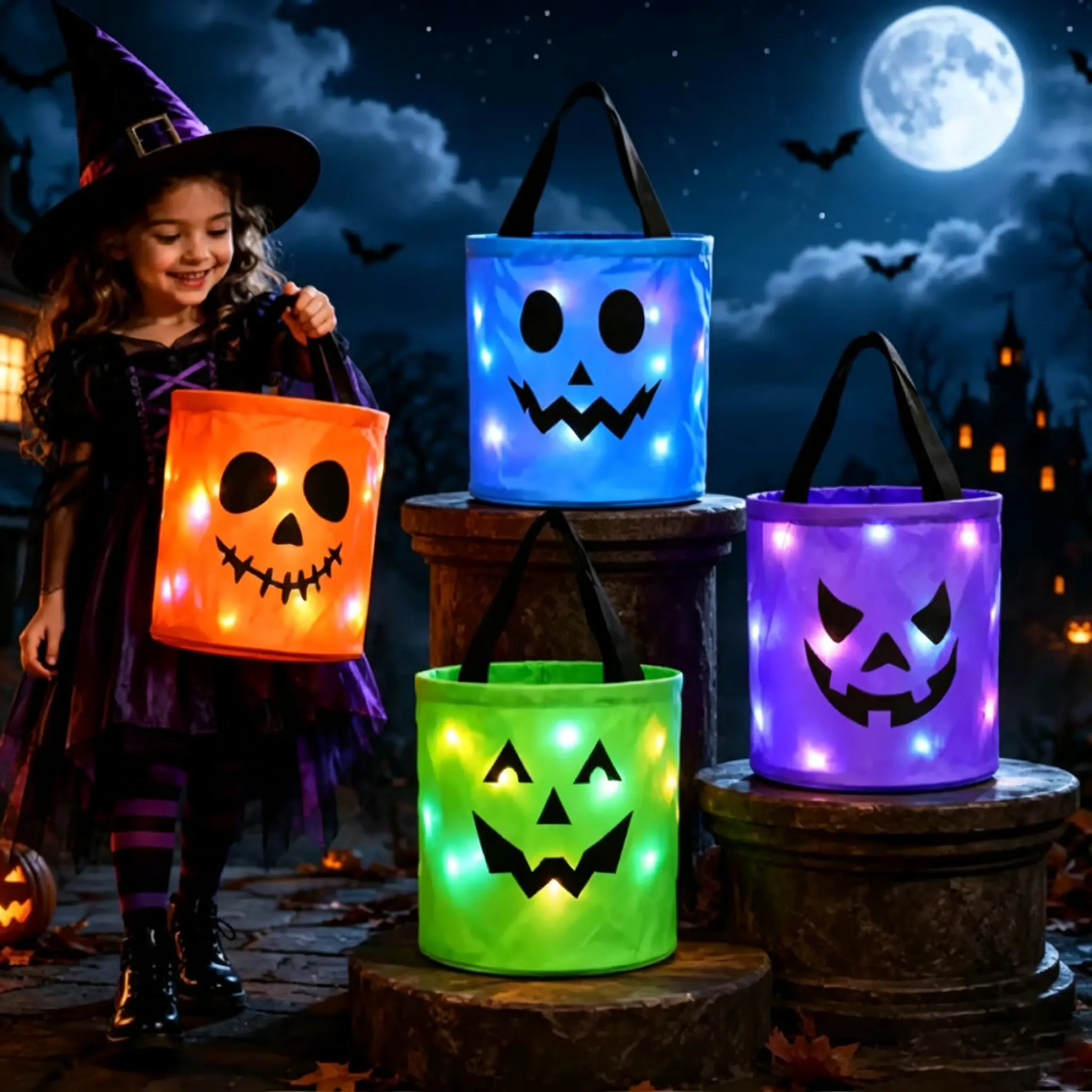 4 Pack Halloween Candy Buckets with LED Lights, Light Up Pumpkin Trick or Treat Bags for Kids, Orange Non Woven Candy Collection Bags, Cute Halloween Party Favor Gift Bags for Candy, Treats, Costume Accessories and Holiday Decorations
