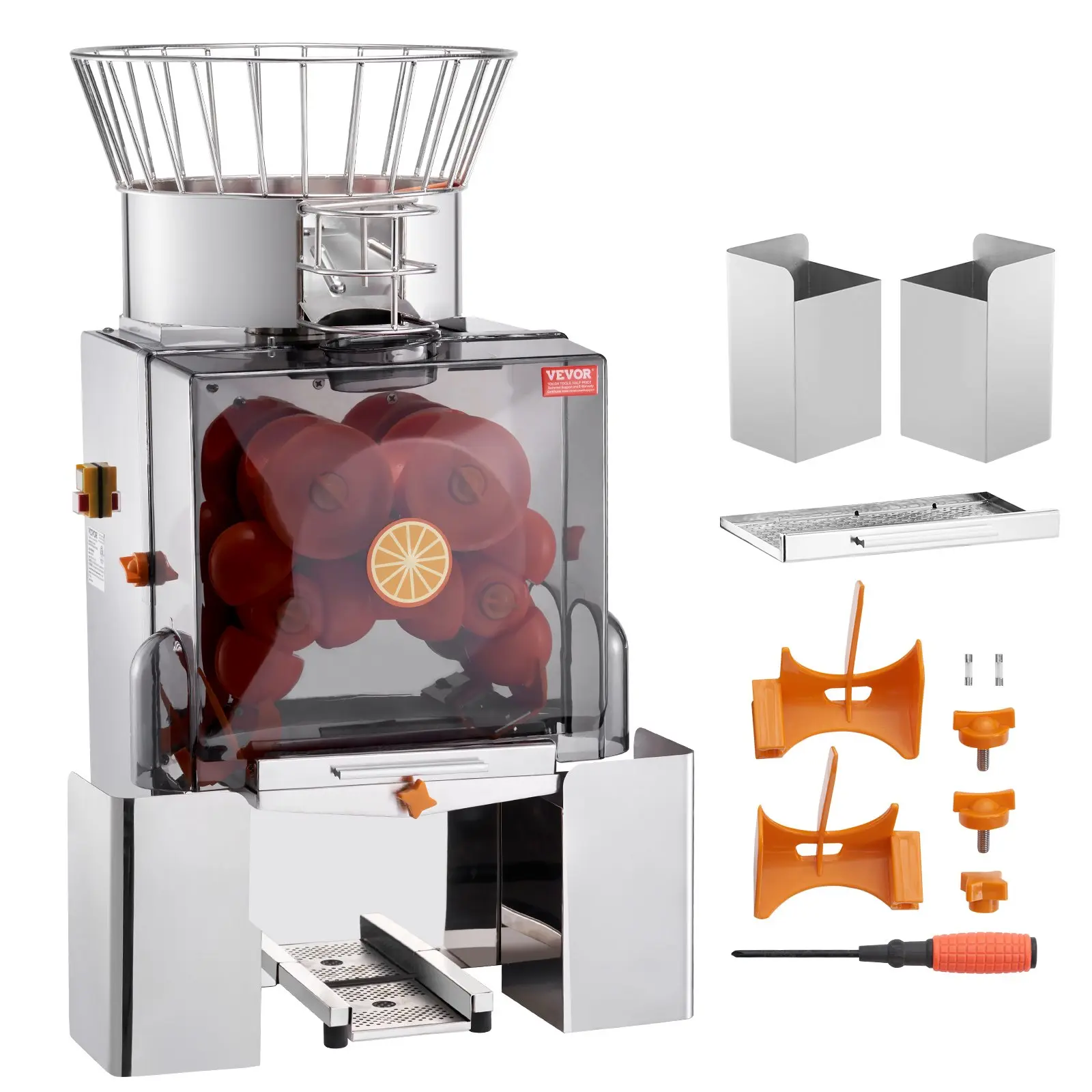 【Summerfinds】VEVOR Commercial Stainless Steel Orange Juicer Machine, 120W Power Auto Feeding Juice Extractor for Commercial Users, 25 Oranges Per Minute High-Volume Production, with Pull-Out Filter Box, PC Cover, 2 Peel Collecting Buckets