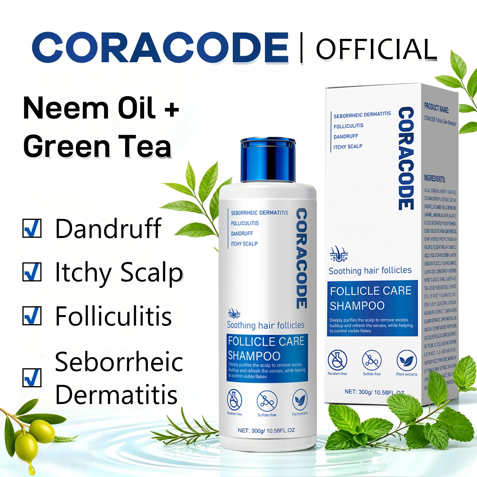 CORACODE Botanic Follicle Care Cleanser Shampoo - Plant-Based Herbal Clarifying Anti-Dandruff Formula with Tea Tree Oil, Willow Bark for Adults' Itchy Oily Flaky Sensitive Scalp, Buildup, Wavy/Natural Curls, 10.58 oz (Scalp Care, Hair Detox)