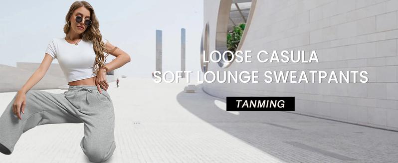 Tanming Women's Barrel Leg Pants Basic or Fleece Lined Elasticated Waist and Soft Wide Leg Pants with Pockets Casual All-Season Sweatpants