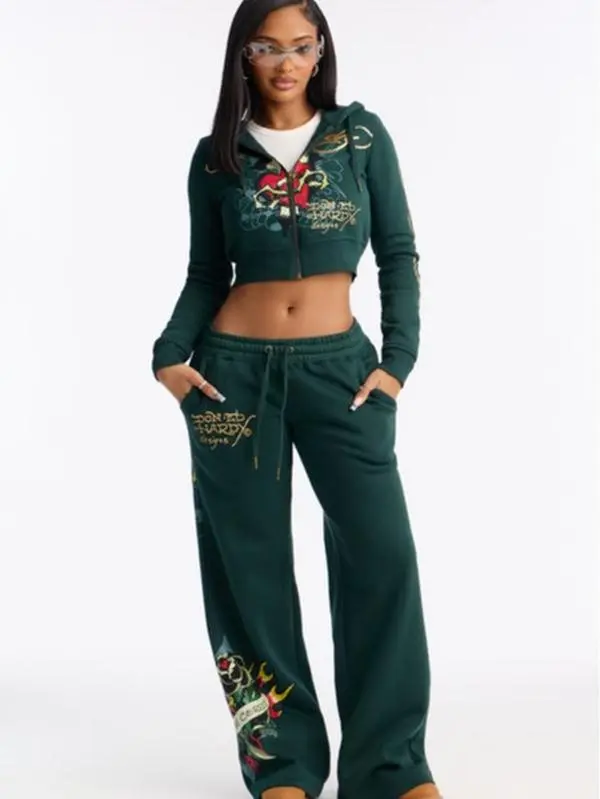 Ed Hardy Rhinestone Heart Fleece Zip Up Hoodie - Hunter Green