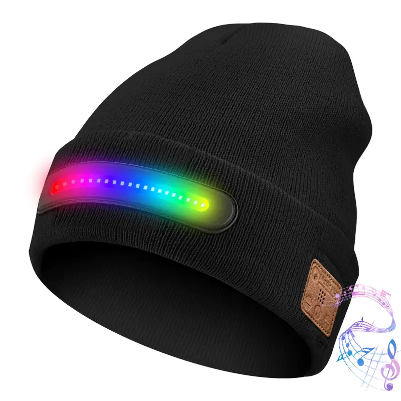 COZOME Bluetooth Knitted Beanie with 4 LED Flashlight & Cordless Earphones, Unisex USB Rechargeable Warm Outdoor Accessory, Christmas Birthday Gift for Men,back to school,back to school haul
