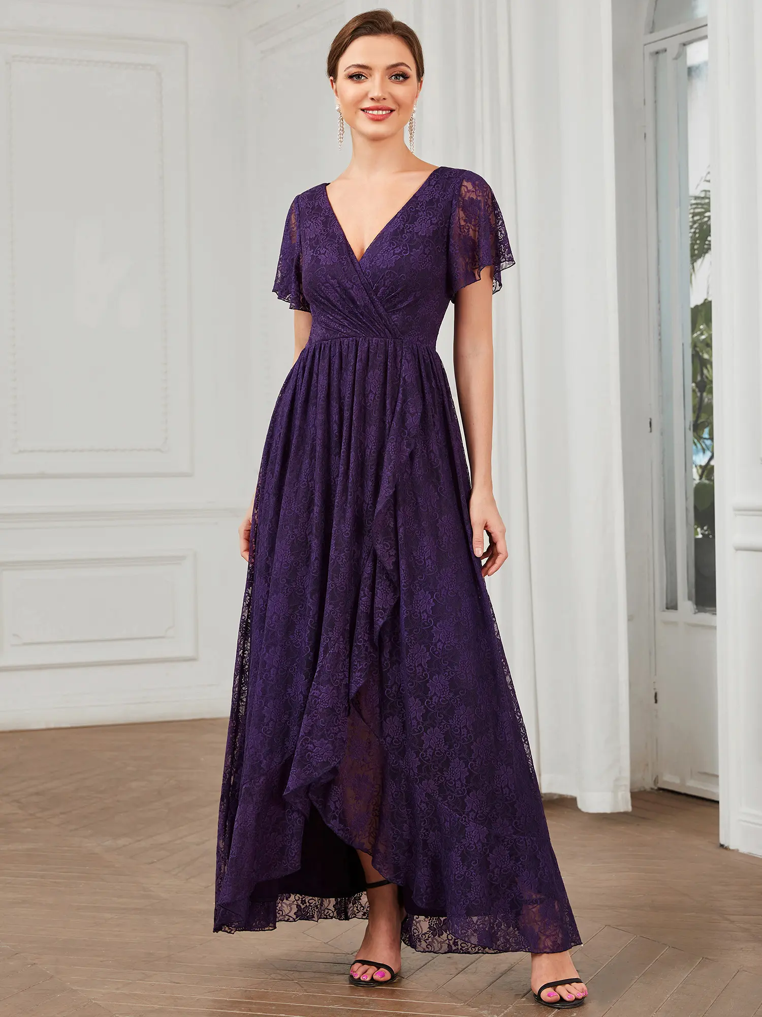 EVER PRETTY Basic Fall Pleated V-Neck Short-Sleeve Formal Wear Evening Gown with Ruffled Lace Trim Dress for Weddings, Parties 01489, Shortsleeve, Wedding Dress, Elegant Dresses For Women