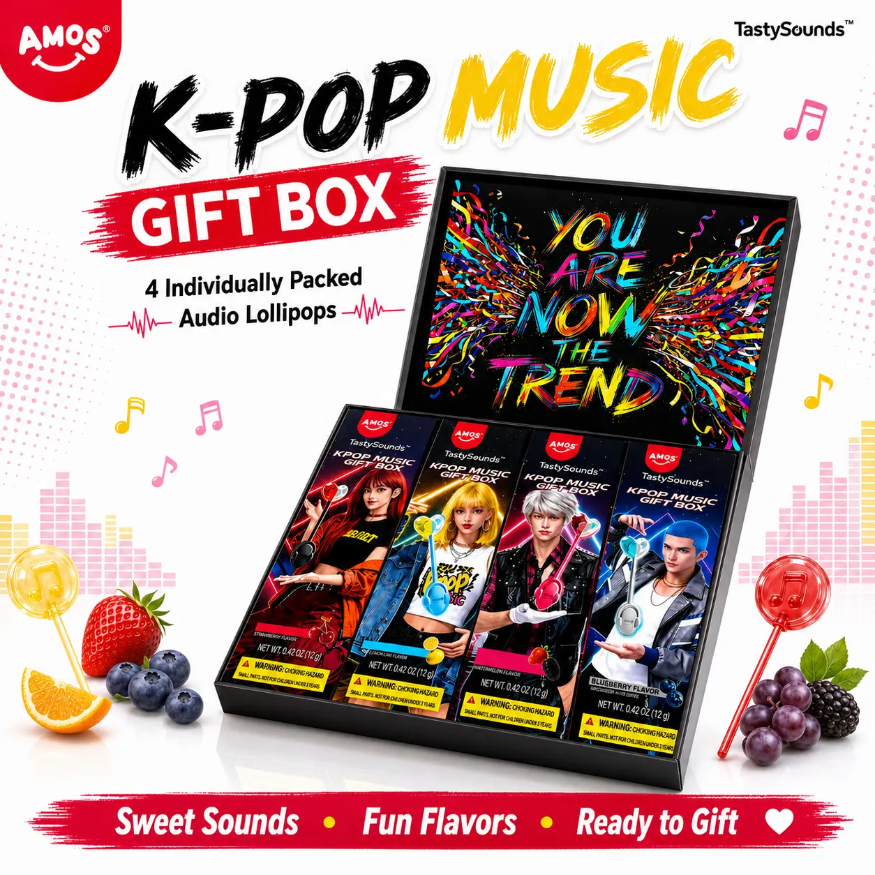 AMOS K-Pop Music Gift BoxTastySounds – Bone Conduction Audio Lollipop Candy, Listen Through Your Mouth, Fun Tech Candy Set with Multiple Flavors, Unique Party Gift