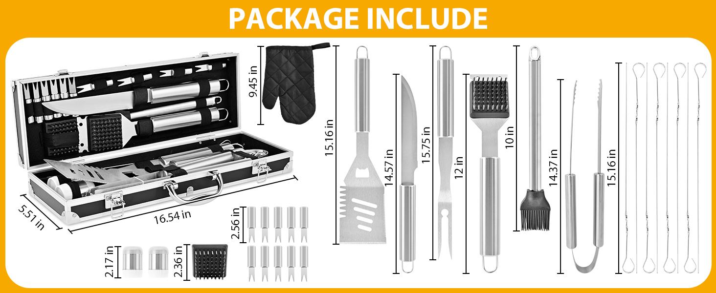 BBQ Grill Tool Set 30pcs Heavy Duty Stainless Steel Utensils in Aluminum Case for Family Cooking & Grilling Essentials Non-Slip Grilling Accessories Sliver