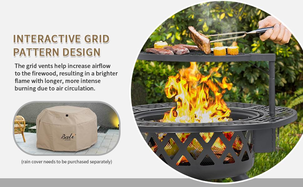 BALI OUTDOORS 2-in-1 Wood Burning Fire Pit with Removable Cooking Grill Black Ultra-Durable Iron Grate 360-Degree Rotation Adjustable Height for Heating and BBQ Christmas gift