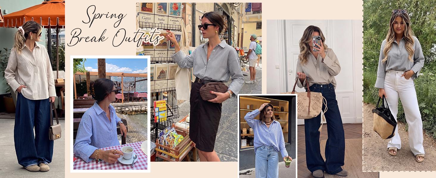 Fit and silhouette detail for Women's Oversized Striped Cotton Button-Down Long-Sleeve Blouse