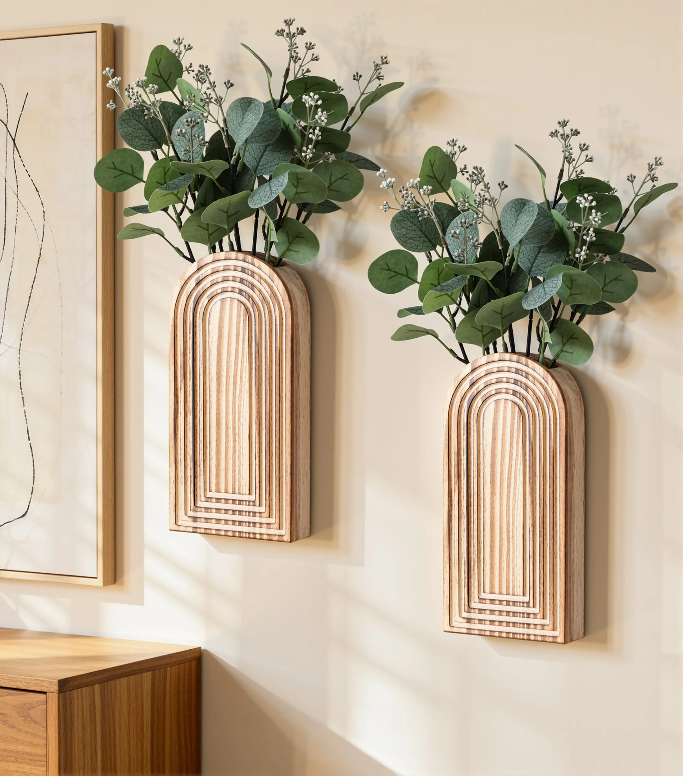 Ivydale 2-Pack Wooden Wall Vase Set with Fake Plants, Boho Modern Farmhouse Wall Hanging Planters for Narrow Spaces, Brown Home Decor for Bedroom, Room & Aesthetic Room Decorations, Bedroom Decor