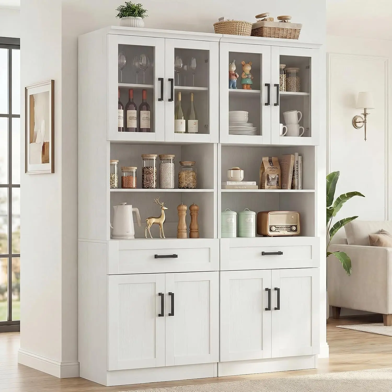 Unikito 79.7" Tall Traditional Sturdy Wood Freestanding Cupboard - Furniture for Kitchen, Pantry Storage Cabinet with Tempered Glass Door, Adjustable Shelves, Hutch Drawers, Anti-Tip Base & Easy Setup, Farmhouse Look