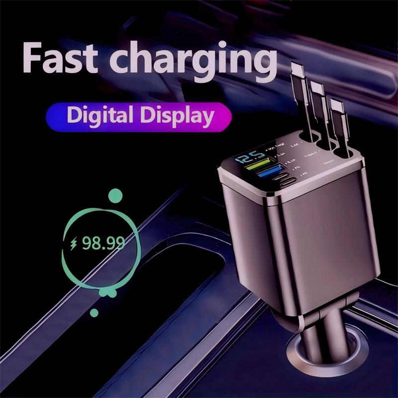 Best-Selling 8-in-1 Car Charger with Retractable Cables, Smart LED Display & 180° Rotation, PD Fast Charging for iPhone, Type-C & Android Devices Multi-Port USB Hub Compact Plug & Play Design Voltage Monitor Perfect for Travel, Daily Driving & Road Trips