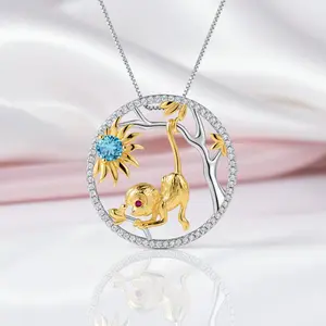 Year Of The Monkey-Natural Swiss Blue Topaz Handmade Monkey Necklace