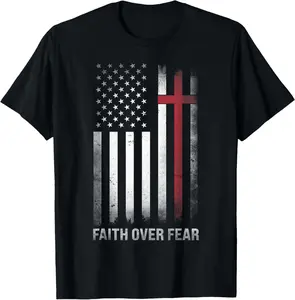 Men's Christian T-Shirt | Short-Sleeve Round Neck Graphic Top with Faith Over Fear American Flag Cross for Casual Wear, Shortsleeve