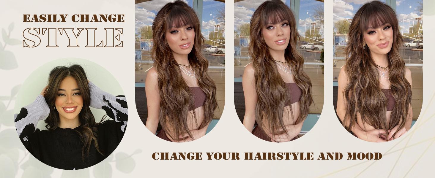 AISI HAIR Wig with Bangs Long Wavy Wig with Dark Roots Ombre Natural Curly Synthetic Resistant Fiber wigs for beginners Daily Party Use