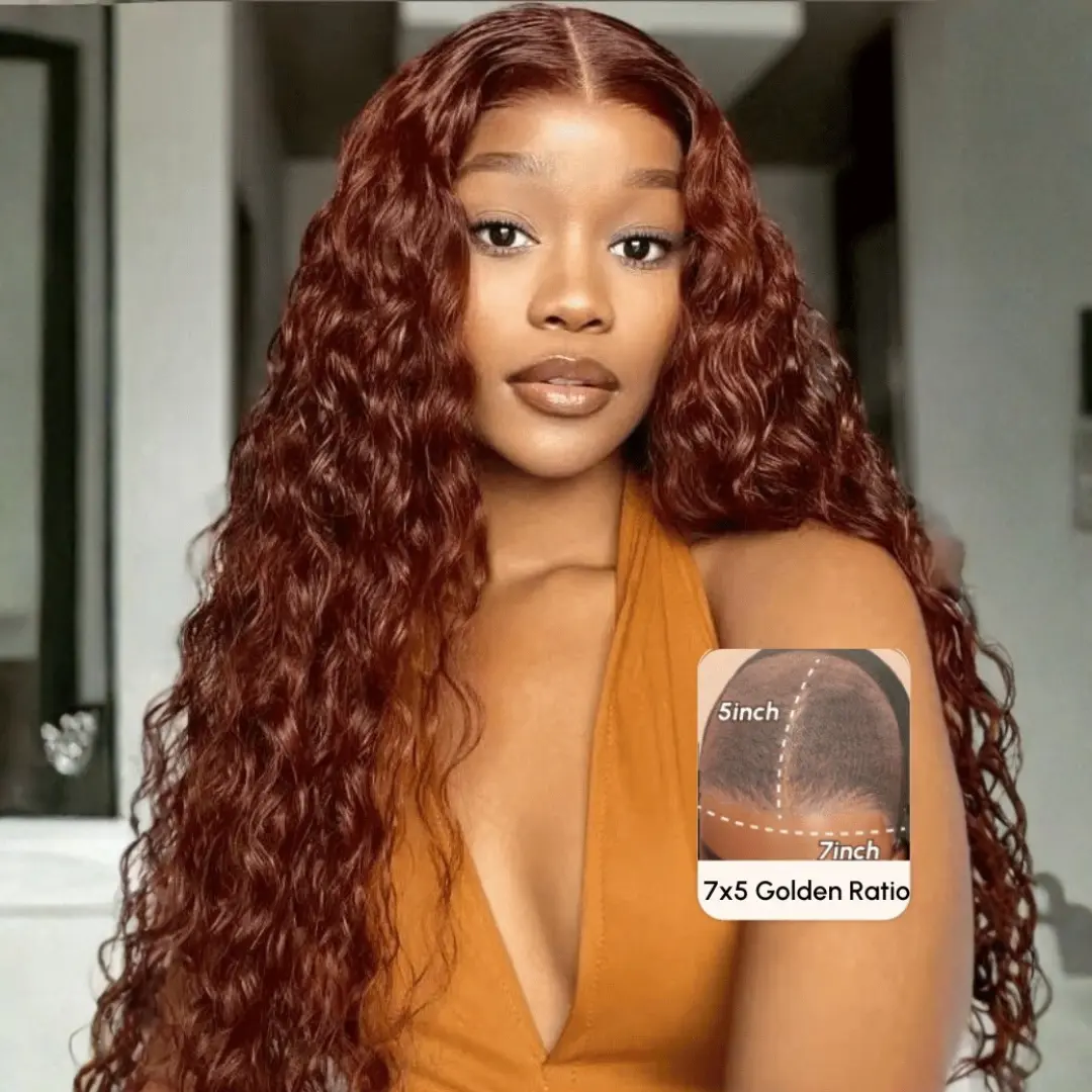 Nadula Reddish Brown Water Wave Wig with Pre- Cut Lace Glueless and Pre-Plucked Human Hair Beginner Friendly 7x5 Lace Closure Wig
