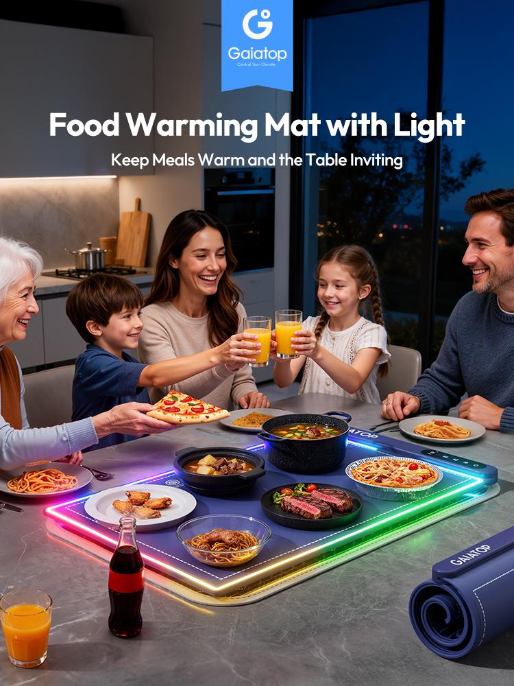 Gaiatop Party Buffet Food Warmer with Trivet - RGB Edge, Electric Warming Mat, 6 Temp Levels (122℉-212℉), 6 Timer Settings, Full-Surface Fast Heating, Portable Silicone Design Dishware Lighting Modes Dishware Lighting Modes Easy Storage