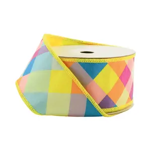 4" Wired Dupioni Ribbon | Bias Plaid Yellow/Multi w/ Taffeta Fused Back | 10 Yard Roll