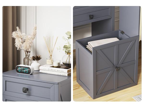 Miu Farmhouse 3 in 1 Vanity  , 3-Color Adjustable Lighting, Cushioned Stool for Bedroom Organization LED Bedside Table with Drawers Dimmable Mirror