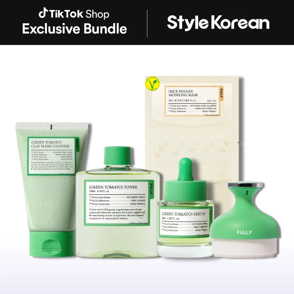 [FULLY] Daily Skin Refine Set - Pore Cleansing Brush (1ea), Green Tomato Clay Pack Cleanser 120ml, Green Tomato Toner 250ml, Green Tomato Serum 30ml, Rice Dough Modeling Mask (4ea)