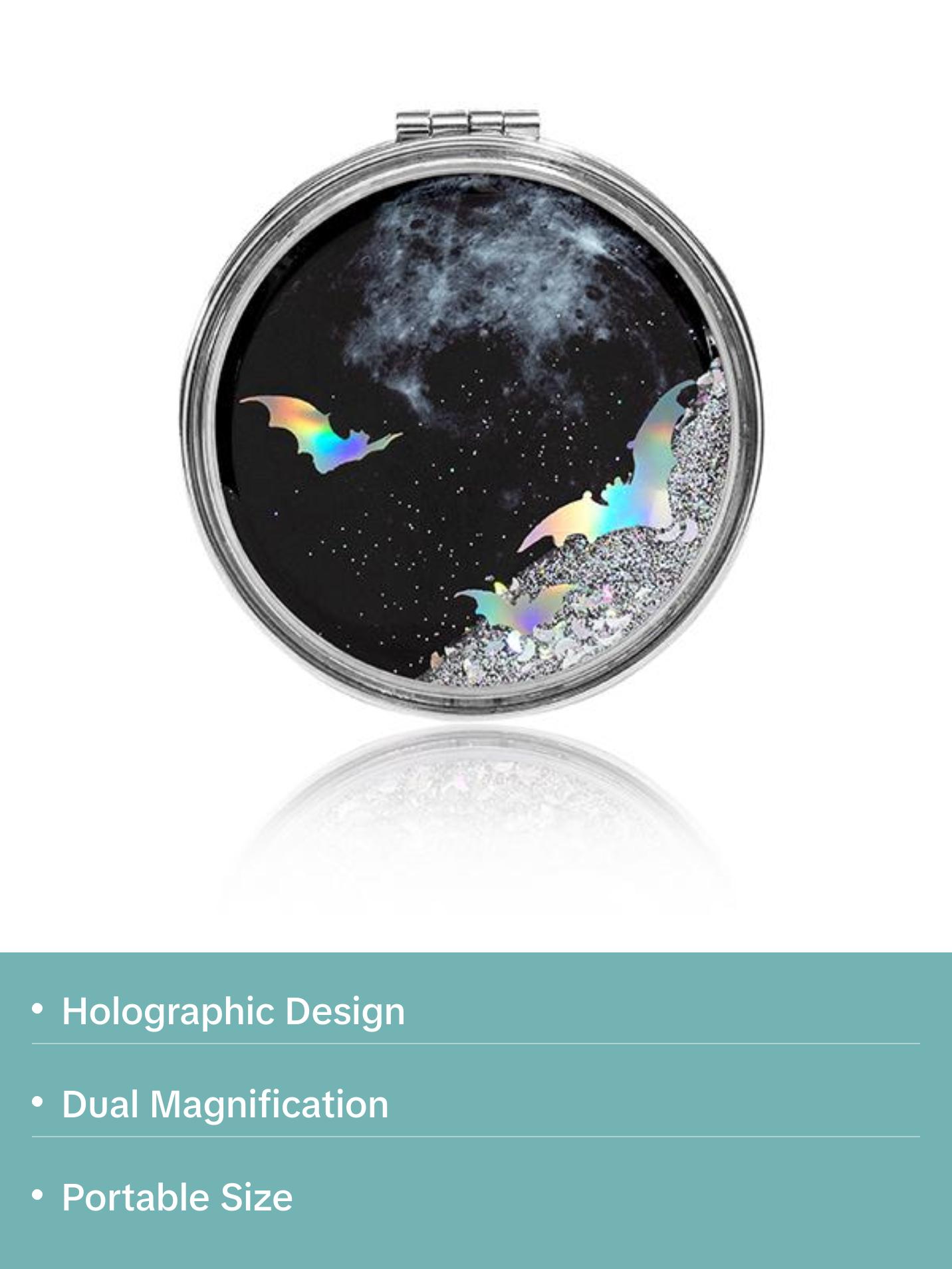 Black Moon Compact Mirror Holographic Moons and Stars Glitter 90's Nostalgia
