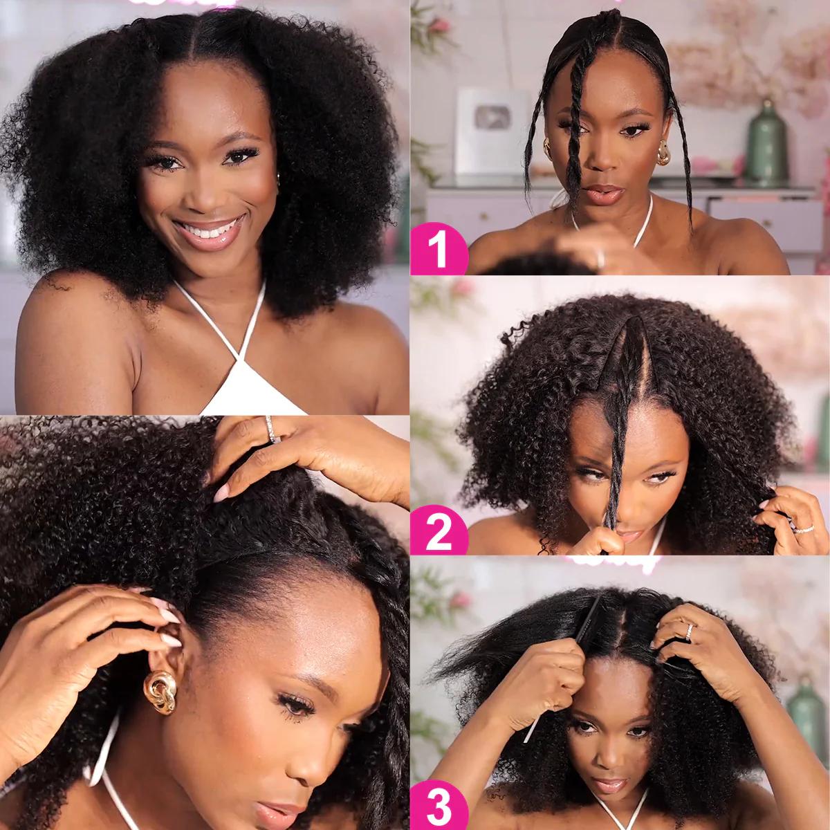 ISEE HAIR Wear Go V part Wig Kinky Curly & Afro Curly & Kinky Straight Glueless Wig With Elastic Draw-strings Invisible Hairline Human Hair Wigs Beginner Friendly#SpringStatements