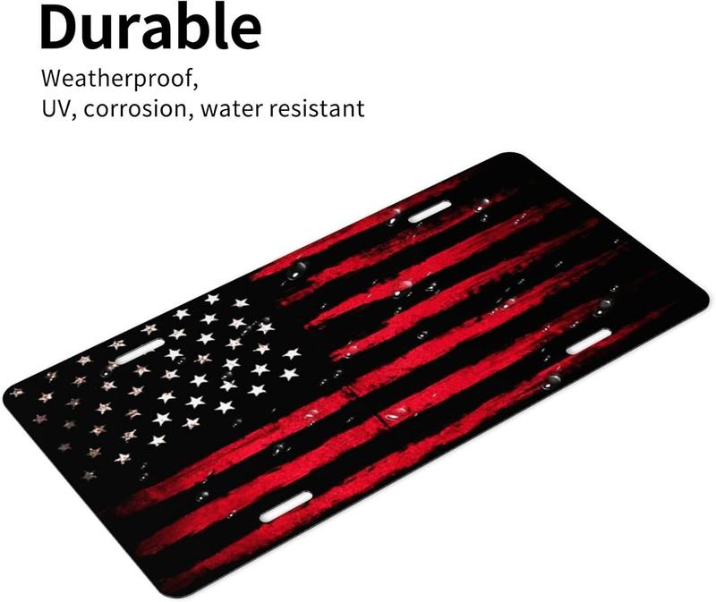 Front License Plate Cover Car Decor Accessory Aluminum Metal Rust-Proof US Car Plate Novelty Vanity Tag Cover with 4 Holes for Men Women 6 * 12 in - Black Red American Flag