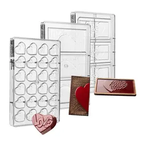Greyas Luis Amado Set of 3 Clear Polycarbonate Chocolate Molds: One with 24 Love-Heart Cavities, One with 3 Dissolving-Heart-Bar Cavities and One with 3 Heart-with-Endearments Cavities
