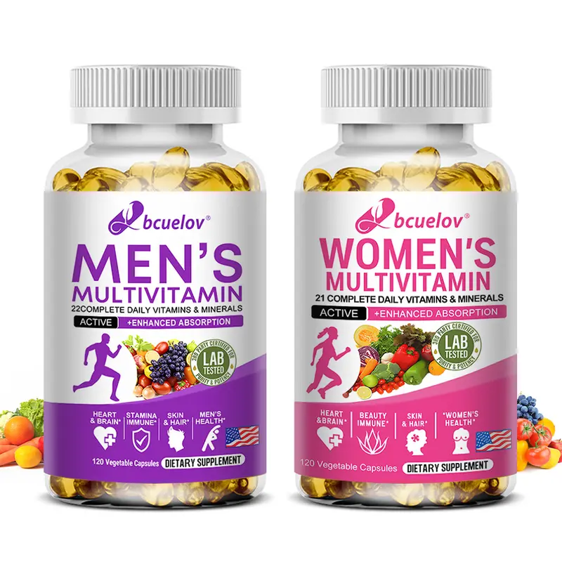 2 bottles of men's and women's multivitamin supplements, support heart and overall health.