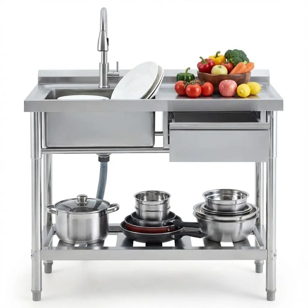 39in Commercial Stainless Steel Prep Sink Counter with Faucet, Freestanding Single Bowl Utility Sink with Storage