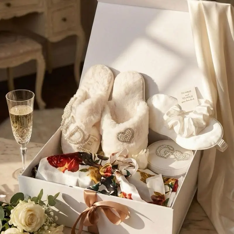 Taniri Luxury Bride Gift Box, Personalized Bridal Gift Set with Satin Robe, Custom Slippers, Jewelry Box, Sleep Mask and Scrunchie, Ready to Gift Bridal Shower and Engagement Gift, Wedding Morning Box, Party Gift Packs