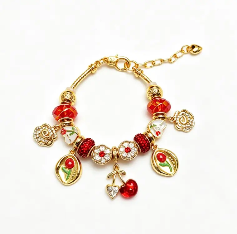 Sweet Red Cherry & Rose Charm Bracelet, Gold-Tone Snake Chain with Red Crystal Beads & Enamel Flowers, Adjustable Fashion Jewelry for Women