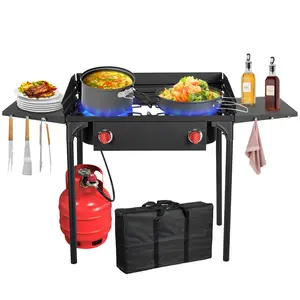 Bestfire 150,000 BTU 2-Burner Propane Camping Stove | Outdoor Gas Stove with Windpanel, Removable Legs, Side Shelves, Carry Bag & Auto Ignition—Ideal for BBQs and Outdoor Feasts.