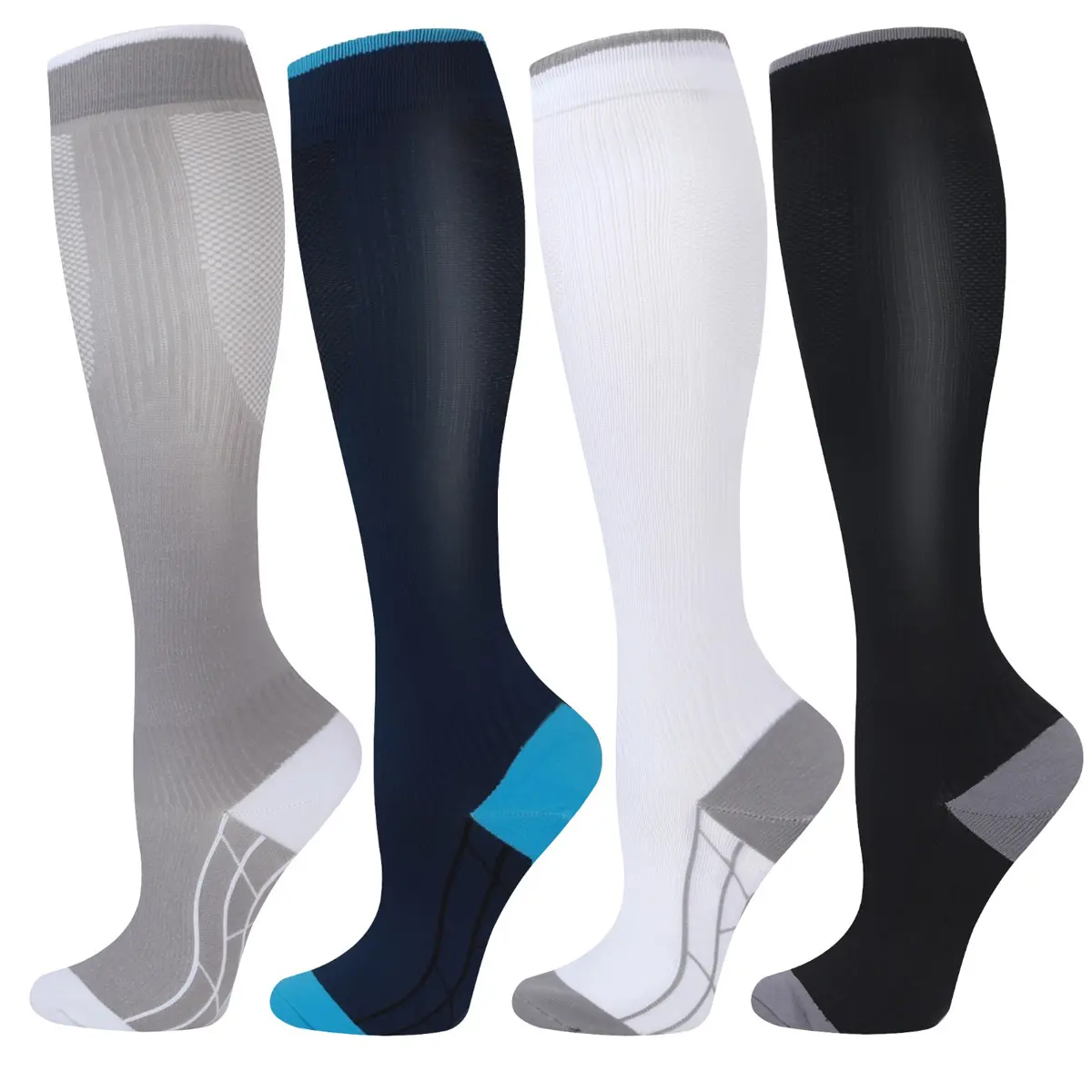 Isunie 4 Pairs Striped Compression Socks for Men & Women, Fashion Knee-High Socks for Circulation Support, Leg Fatigue Relief, All-Day Support, Running, Walking, Training, Workout, Foot Protection Athlete