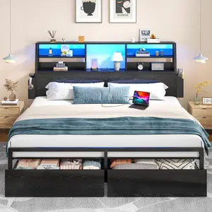 Raybee Queen Size Bed Frame with 2 Storage Drawers with Wheels & Bookcase & Pockets on Headboard, Platform LED Bed Frame with Power Outlet for Full/King, Holds 1100lbs with Metal Frame & Slats, Noise Free Bedframes for Bedroom, Apartment, Black, Brown