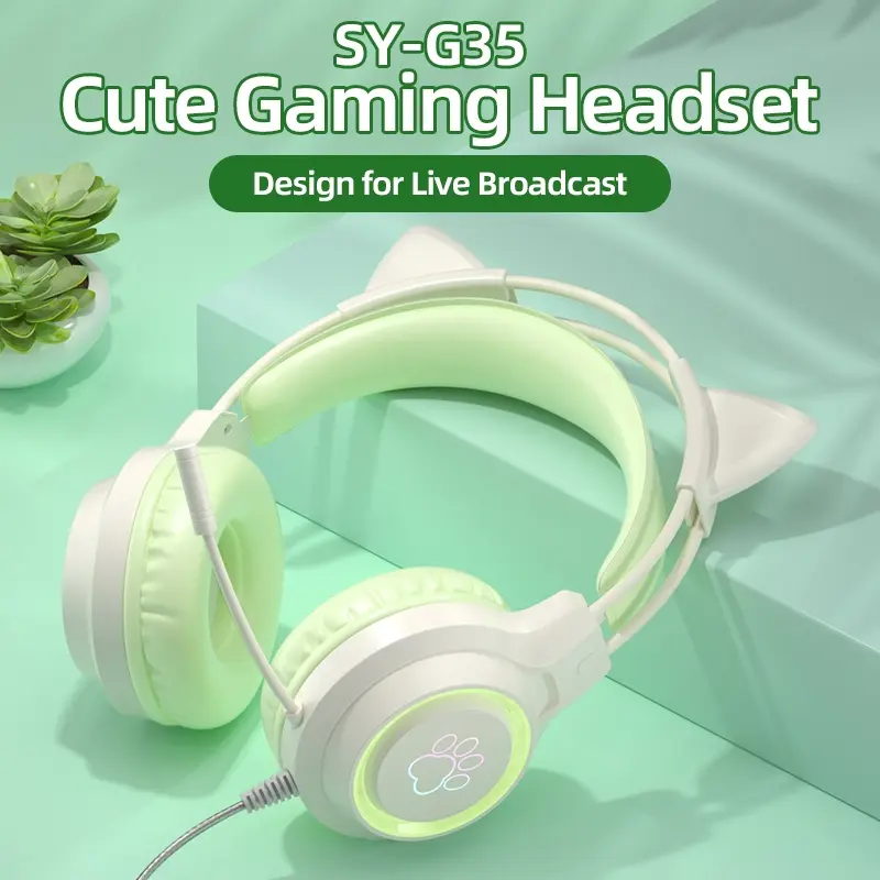 G35 High-Value RGB Gaming Headset with Cute Cat Ear Design, Wired Over-Ear Headphones for PC & Console Games, Multi-Scene Use