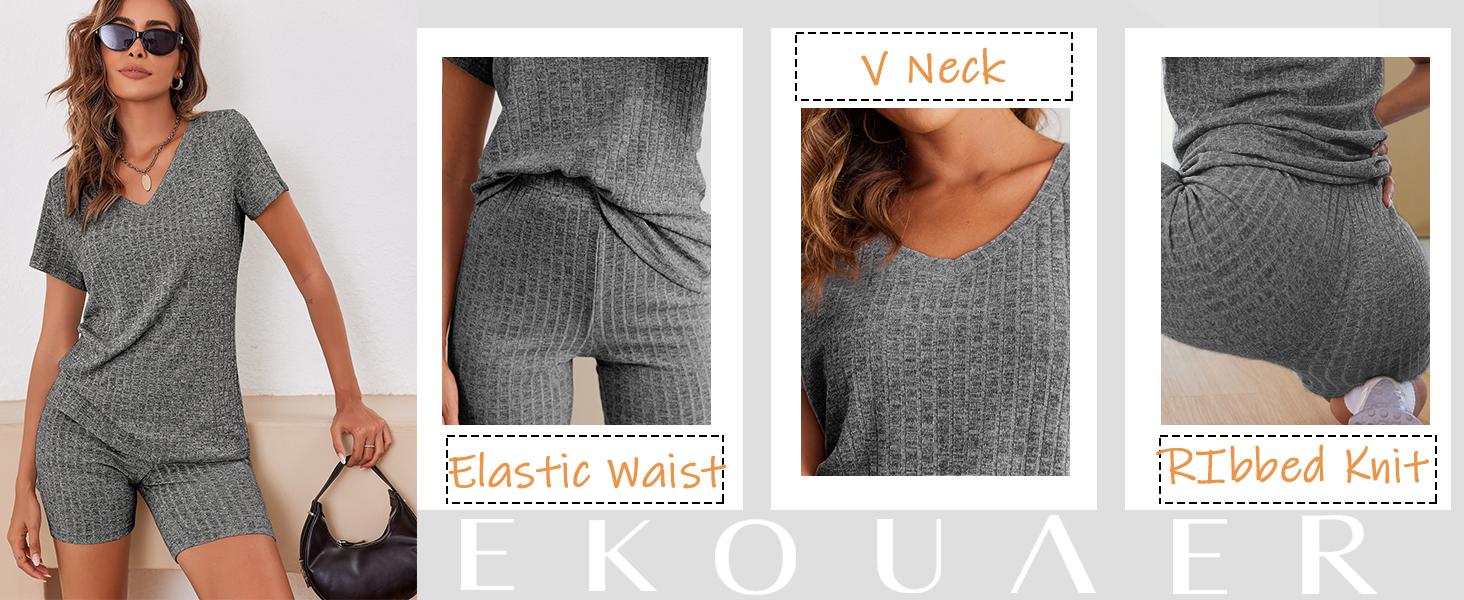 Ekouaer Biker Short Sets Women 2 Piece Outfits Ribbed Pajama Short Sleeve Workout Set