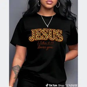 Christian Women’s Leopard Print Tee Featuring Jesus 1 John 4:19
