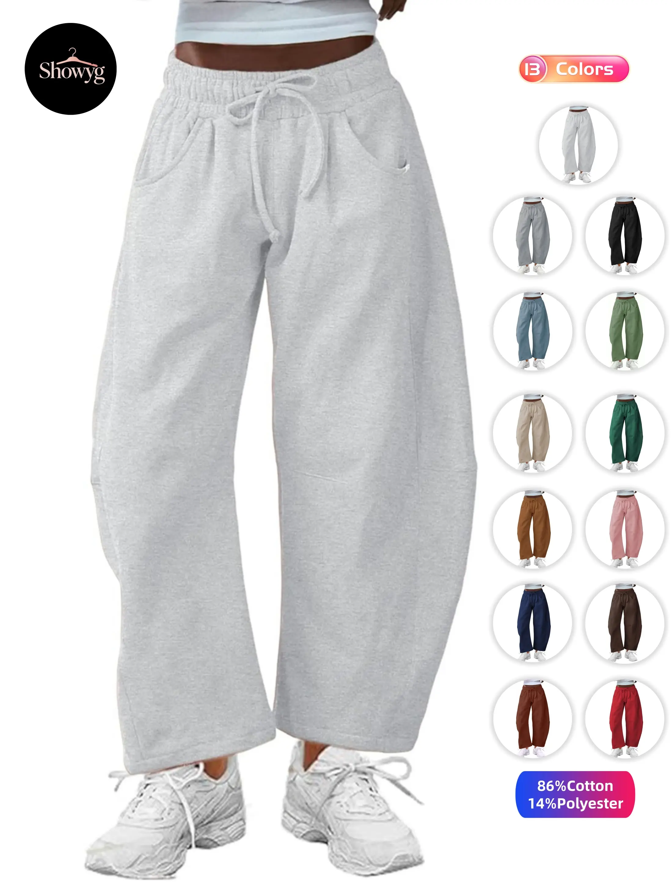 Showyg Women's Barrel Leg Sweatpant Drawstring Elastic Waisted Wide Leg Pants Casual Cotton Palazzo Trousers with Pockets