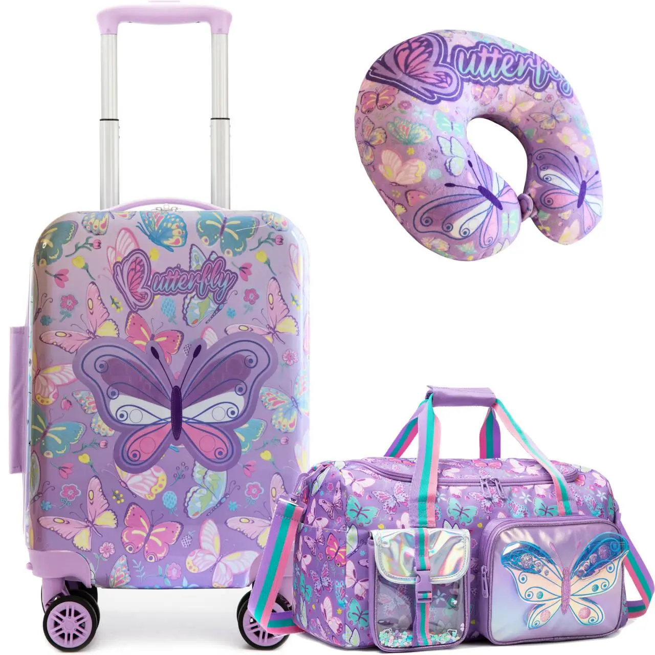 Purple Butterfly Kids Travel Set – 3 Piece Luggage with Rolling Suitcase, Duffle Bag & Neck Pillow – Cute Butterfly Print carry essential shoe pouch summer