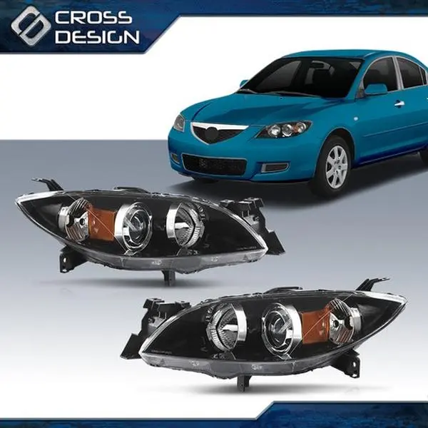 CROSSDESIGN Durable Black Projector Headlights with Amber Accents - 1 Pair Easy-Install Projector Headlamp for 2004-2009 Mazda M3 4-Door Sedan, Ideal for Car Exterior Upgrade