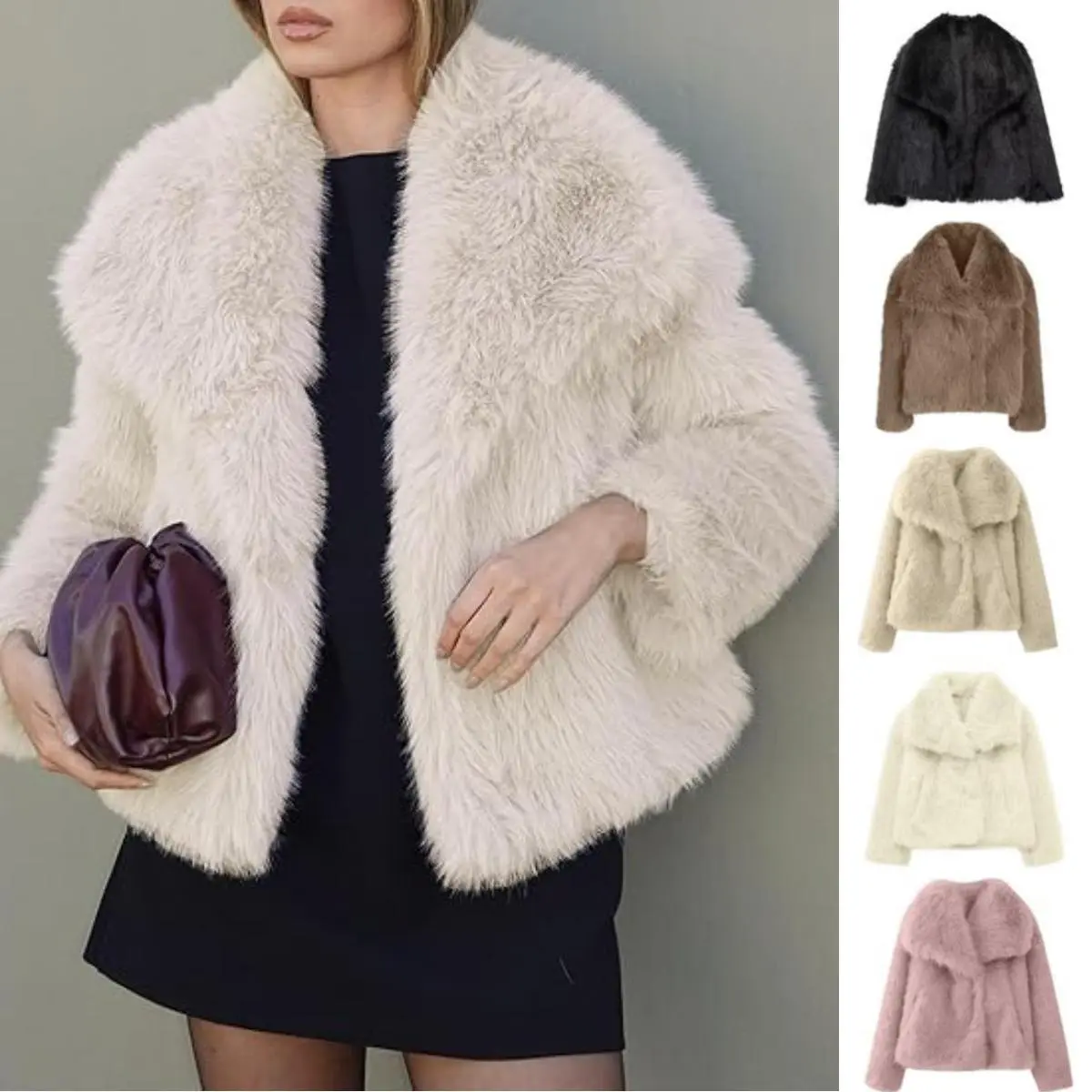 Naeduo Women's Fluffy Faux Fur Sequined Short Coat - Long Sleeve, Lapel, Open Front, Pockets, Smooth Lining, Warm, Plain, Casual Elegant Dry Clean Womenswear Jacket, Button